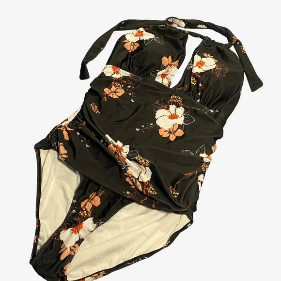 Women's One Piece Swimsuit 2XL Brown Floral Print - Picture 2 of 5